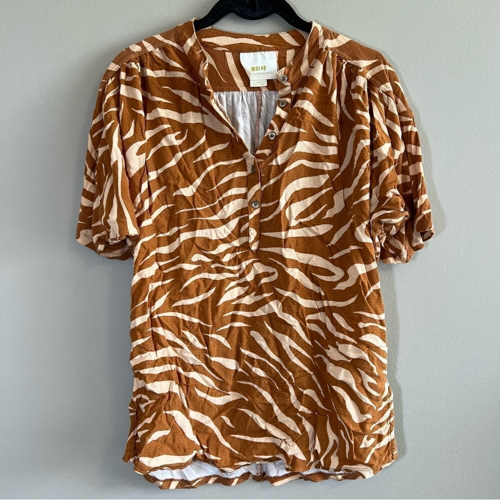 ✨ Anthropologie Maeve Windham‎ Tiger Striped Henley Top Small - Picture 2 of 14